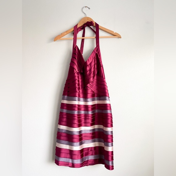 BCBGMAXAZRIA Satin Tiered Halter Y2K Mini Bodycon Backless Shutter Pleatef Dress - Picture 8 of 11